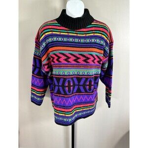 Vintage 1980s Croquet Funky Abstract Wool Sweater Grandma Fair Isle L